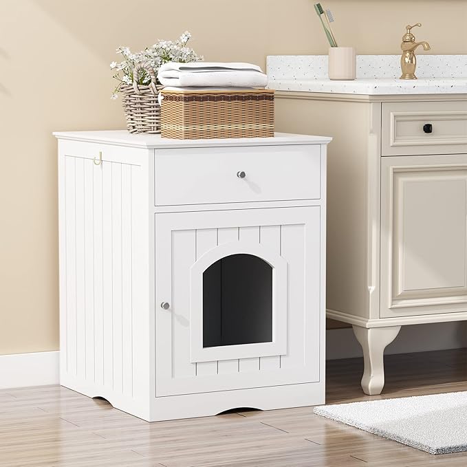 Wooden Cat Litter Box Cabinet with Drawer Hidden Pet House, Sofa Side Table, Indoor Pet Cage Storage Cabinet, Cat Hidden Cave Furniture for Living Room, Bedroom (White, 25 inches)