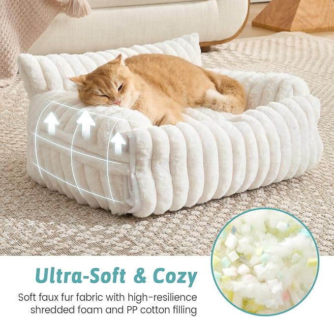 COZY KISS Cute Cat Bed with Removable Cover, Multifunctional Plush Faux Fur Pet Couch Bed with Blanket, Ultra-Soft Pet Furniture for Cats & Small Dogs (Cream, S: 25''x18'')