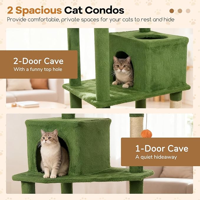 DORTALA 75" Tall Modern Cat Tree, Multi-Level Cat Tower with Large Condos, Sisal Scratching Posts, Top Perch, Hammock, Dangling Balls, Kitten Beds & Climbing Furniture for Indoor Cats (Green & Orange)