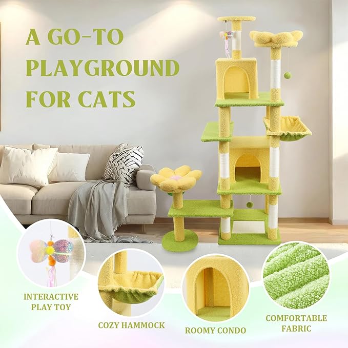 71" Flower Cute Cat Tree for Indoor Cats Large Adult, Tall Cat Tower with Scratching Post & Condo, Hammock, Aesthetic Cats Stand, Modern, Easy Assembly (Yellow, 71" Tall)