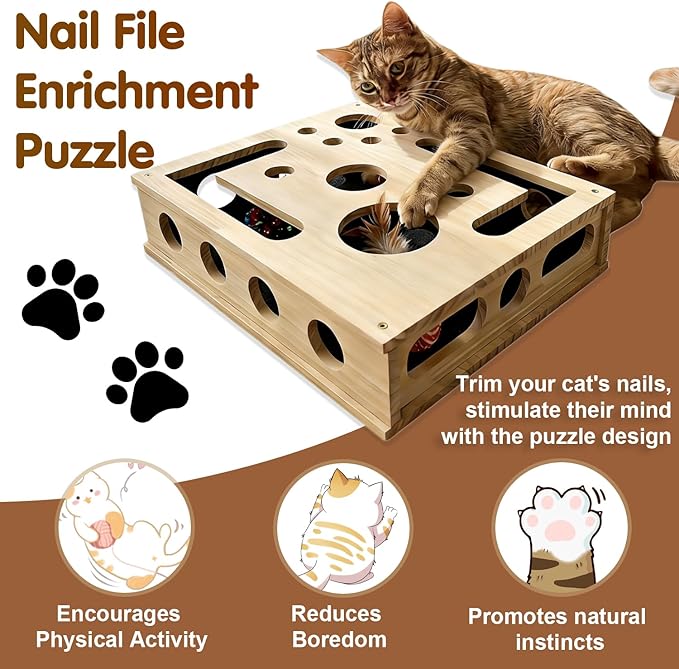 Cat Scratch Puzzle Enrichment Box, Cats Nail File Enrichment Box with Sandpaper Inside, Stress-Free Trimming Nails, Puzzle Feeder Cat Toys Interactive for Indoor Cats Nail Scratcher (with Bell Balls)
