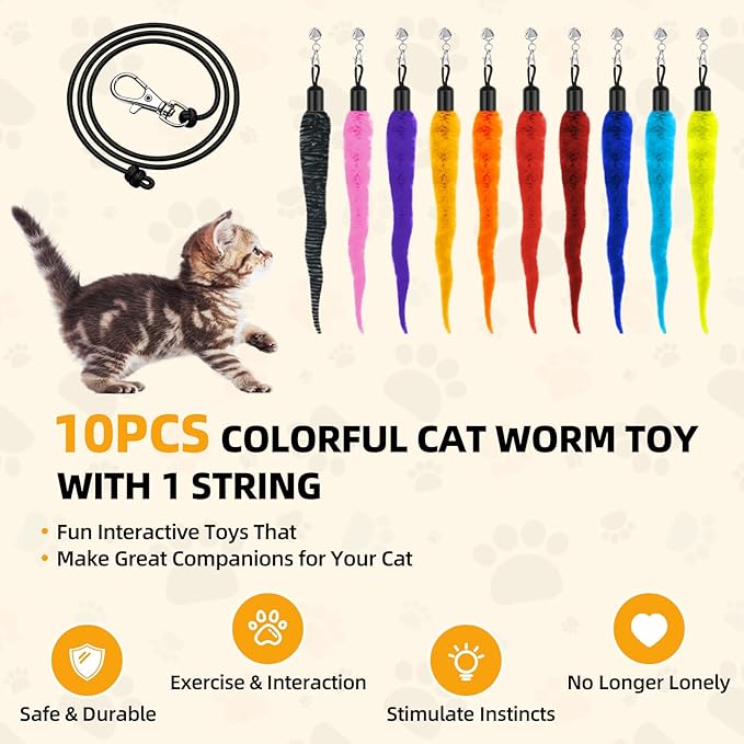 AKYZO 10Pcs Cat Worm Toy with 1Pcs String, Durable Interactive Teaser Refills for Cat Toys Kitten Toys, Cat Wand Attachements for Indoors and Outdoors Cats (10 Colors)