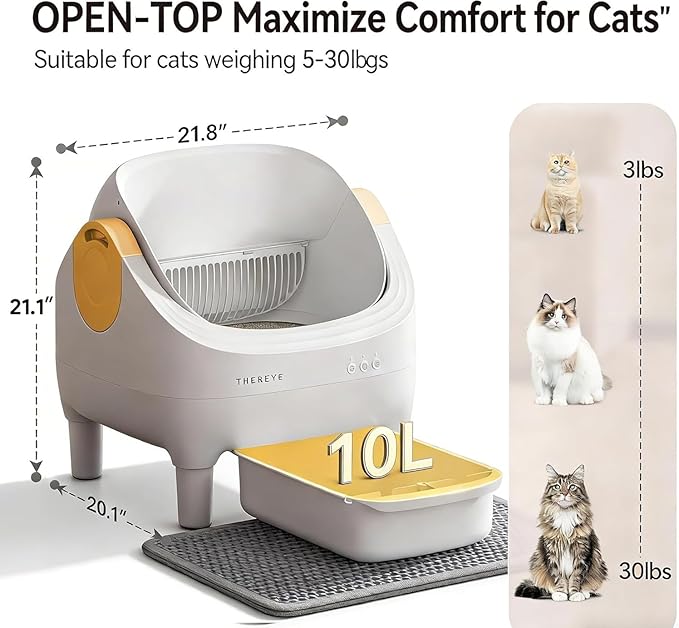 THEREYE Automatic Litter Box，Open-Top Self Cleaning Litter Box for Multi-Cat Households-Controllable Via App Cat Litter Box for Office workers-10L Large Waste Bin Cat Accessories Smart Home Essential
