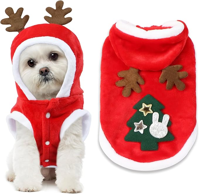 Dog Christmas Outfit, Dog Christmas Hoodie Vest Costume with Elk Antlers Holiday Clothes for Small Medium Dogs Cats Pets (X-Large)