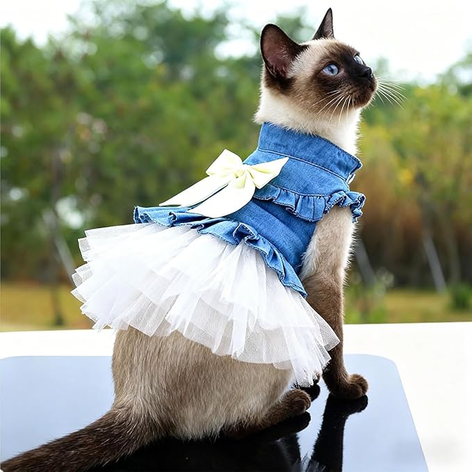 Dog Cat Denim Tutu Dress, Princess Puppy Kitten Outfit with Pearl Bow & Stand-Up Collar, Sleeveless Pet Clothes for Wedding Birthday Party, Easy Front Snap Closure for Chihuahua (White-Denim, Medium)