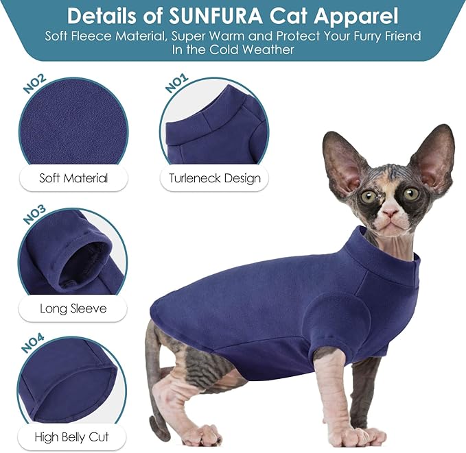 Turtleneck Sweater for Cat, Sphynx Cats Shirt Hairless Cat Sweaters with Sleeves, Warm and Soft Kitten Pullover Fleece Winter Pajamas Jumpsuit for Puppy Cats, Navy XL