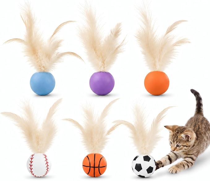 Bouncy Cat Feather Ball Toys – 6 Pack Interactive Silicone Bouncing Balls for Indoor Cats & Kittens, Durable Active Play Toy