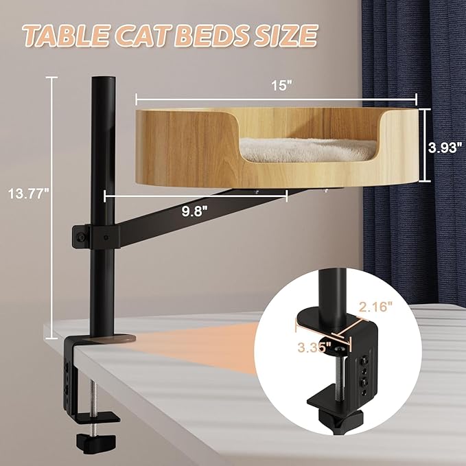 15in Cat Desk Bed -Elevated Desk Nest Cats Beds for Table, 360° Rotation & Height Adjustment, Supports 25 Lbs for Home Office, Living Room Relaxation Or Pet Store Displays.