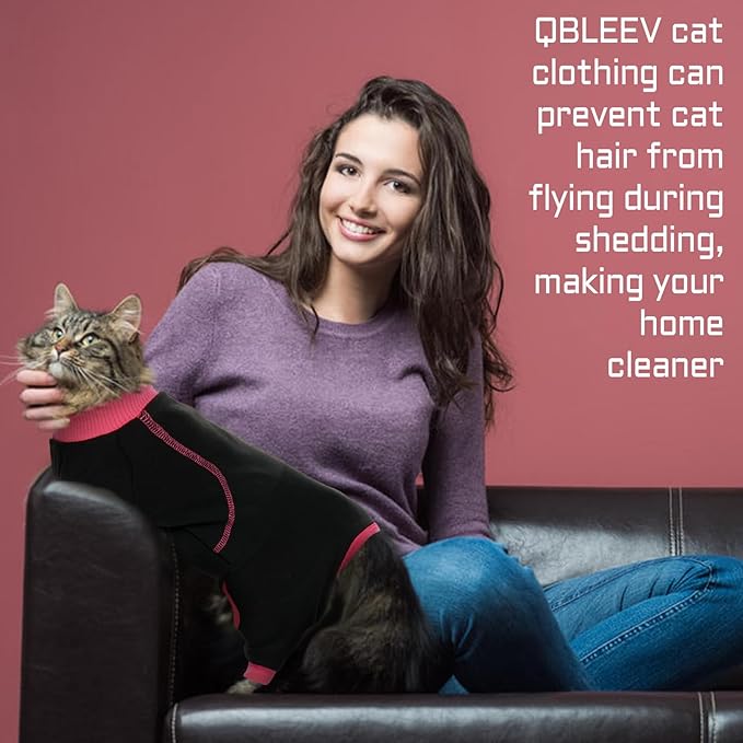 QBLEEV Sticky Hair Cat Clothes, Soft Cat Pajamas for Cats Only, Prevent Lost Fur Kitten Sweater Onesie, Stretchy Recovery Suit for Female Male Cats After Surgery Daily Wear, Black, XXL