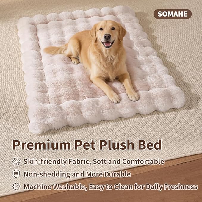 SOMAHE Large Dog Bed Mat, Extra Large Plush Faux Fur Washable Pet Bed for Large Dogs, Non-Slip Fluffy Dog Mat – Machine Washable XL Dog Sleeping Pad for Large Breeds, 35 x 27 Inch White
