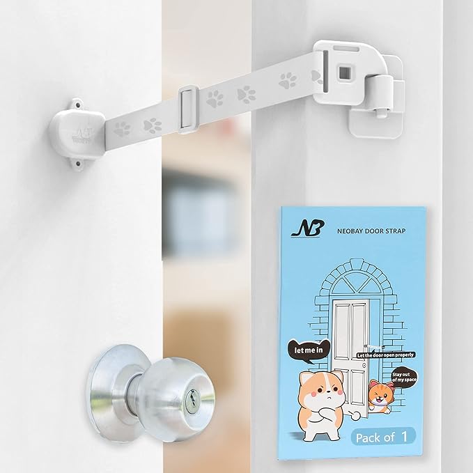Adjustable Door Strap and Latch, Damage-Free Cat Door Latch to Keep Large Dog Out of Litter Box, Economical Alternative of Pet Gates, Basic 1 Pack