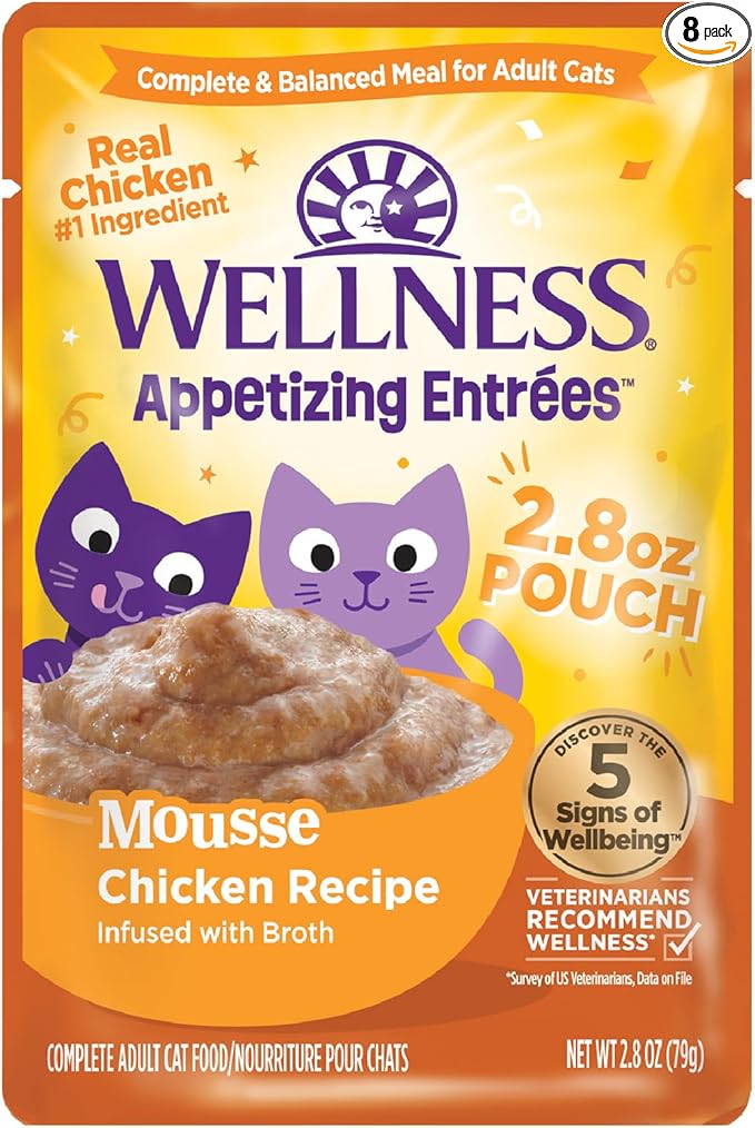 Wellness Appetizing Mousse Flaked Adult Wet Cat Food, Natural, Protein Rich, Grain Free, Chicken Recipe, 2.8 oz, Pack of 8 Pouches