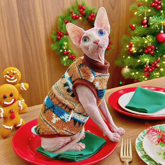 Sphynx Cat Winter Sweater, Warm Soft Fluffy Pet Clothes, for Hairless Cats, Cornish Rex, Devon Rex (Orange, L (5-7 lbs))