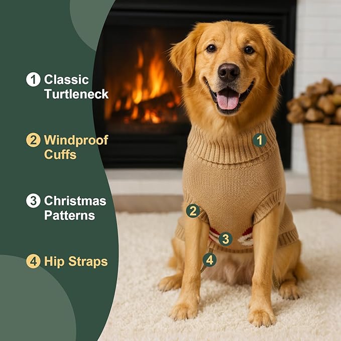 Dog Sweater Knitted for Small to Large Dogs Boy Girl, Classic Turtleneck Dog Christmas Sweaters, Warm & Soft Santa Claus Pet Clothes for Winter (Brown, S)