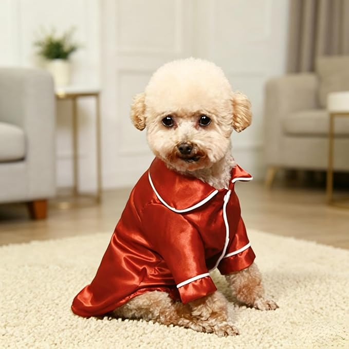 Cat Puppy Costume Elegant Satin Pajamas with Bow Headband 2PCs Set Pet Sleepwear Cute Pet Outfit Cosplay Partywear Photoshoots (red Set,Medium)