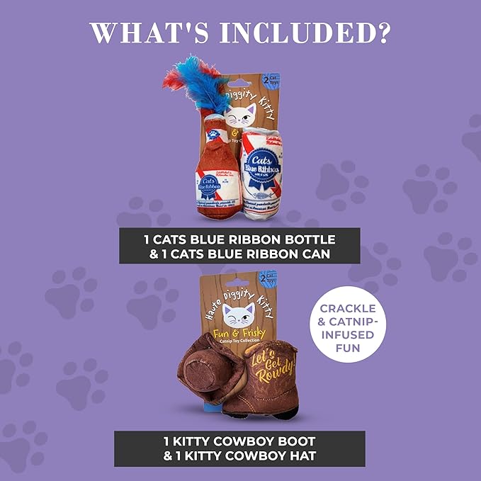 Haute Diggity Kitty Cats Blue Ribbon + Kitty Cowboy Set, Plush Cat Toys Catnip Filled with Interactive Crackle Sound, Safe & Durable Toys for Cat & Kitten, 4 Pcs