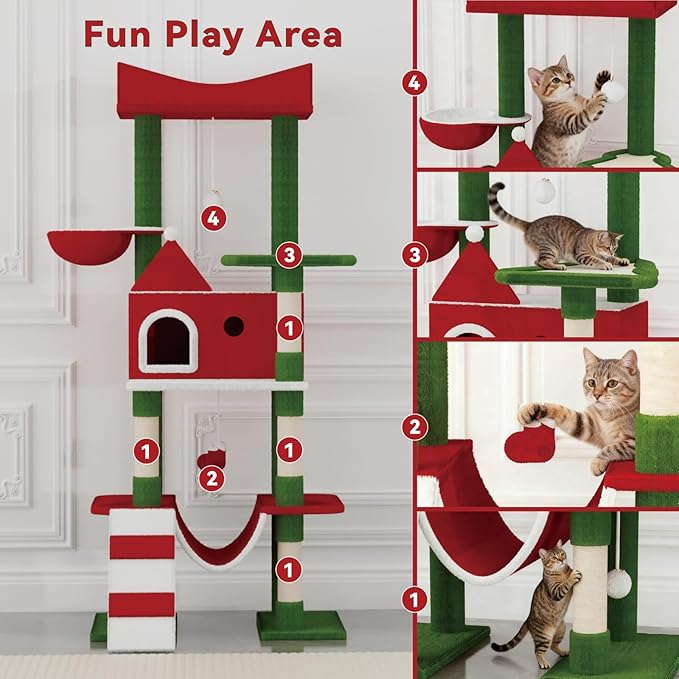 STILLCOVE 63" Large Christmas Cat Tree Tower Indoor: Tall Modern Cute Heavy Duty Cat Condo House with Scratching Post & Hammock for Maine Coon