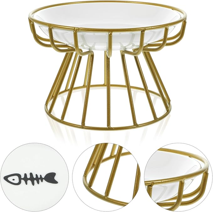 VILLCASE Elevated Ceramic Cat Bowl with Metal Rack Raised Anti-Vomiting Whisker Relief Feeder for Cats Includes Single Fishbone Plate and Gold Iron Stand Feeding and Watering