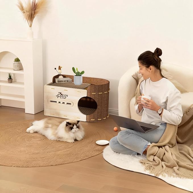 GONPETGP Large Cat Beds for Indoor Cats, Extra Wide Cat House Cave with Scratch Pad Wooden Play Ball, Foldable Felt Kittens Hideaway Condo for Multiple Small Pets