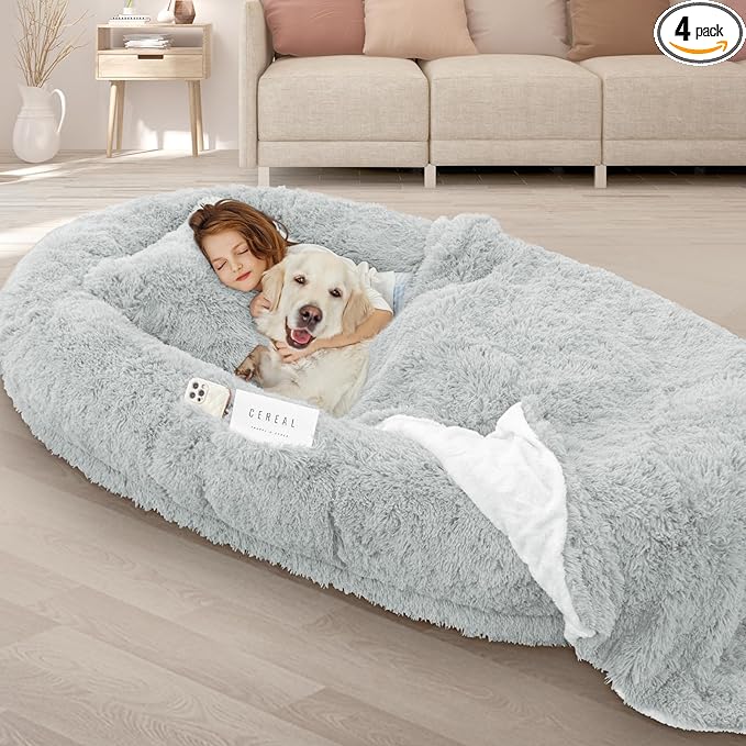 ROOMTEC Human Dog Bed, 78''x51''x12'' Size Fits Adult and Pet Washable Giant People Bed 10 CM Thick Memory Foam Large Oversize Pet Bed with Plump Pillow, Blanket, Strap - Grey