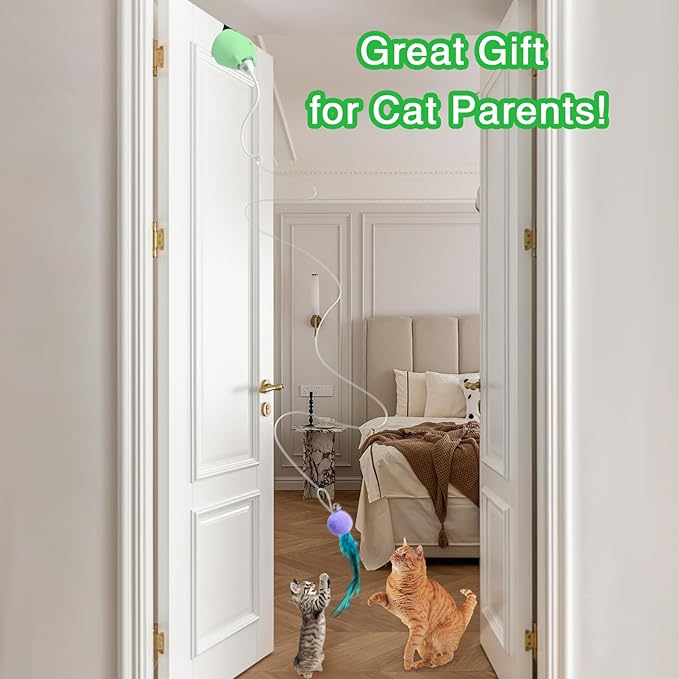Cat Toys Interactive for Indoor Cats, Rechargeable Toy Hanging Door Electric with 4pcs Feathers Toys for Bored Kittens (Green)