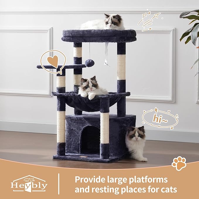 Heybly Cat Tree, Kitten Tower with Large Soft Cat Basket,Cat Condo with Spacious Cat Bed Cave with Hidden Space，Sisal-Covered Scratching Posts,Dangling Ball for Indoor Cats, Smoky Gray HCT008SG
