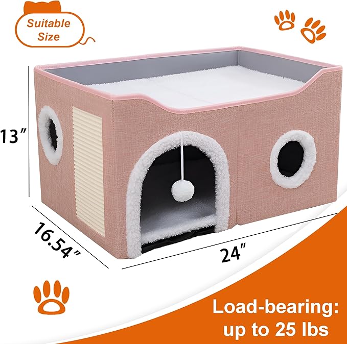 Loyareal Cat Houses for Indoor Cats - Large Cat Bed Cave with Scratch Pad and Fluffy Ball, Foldable Cat Condo Hideaway with Reversible Cushion for Multi Small Pet, Pink