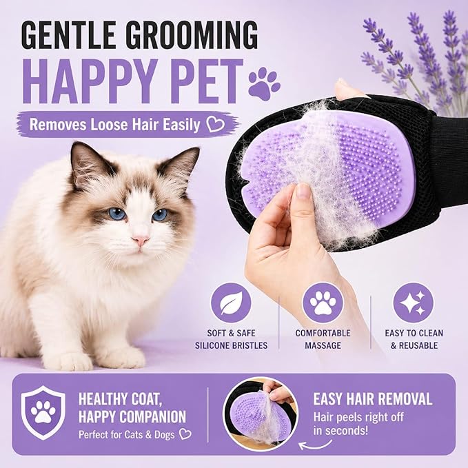 Pet Grooming Gloves for Dogs & Cats – Double Sided Deshedding Glove, Hair Remover & Massage Brush for Shedding Fur (Lavender)