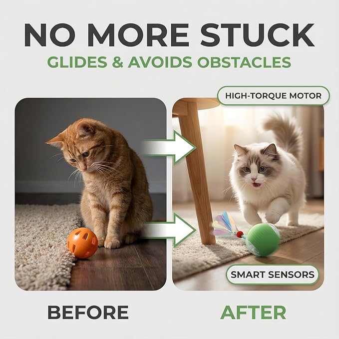 Interactive Cat Toy for Indoor Cats - Automatic Cat Toy Ball with Tail, Self Moving Electric Kitten Toys, USB Rechargeable Smart Rolling Ball, Motion Activated Cat Enrichment Toys for Bored Cats Green