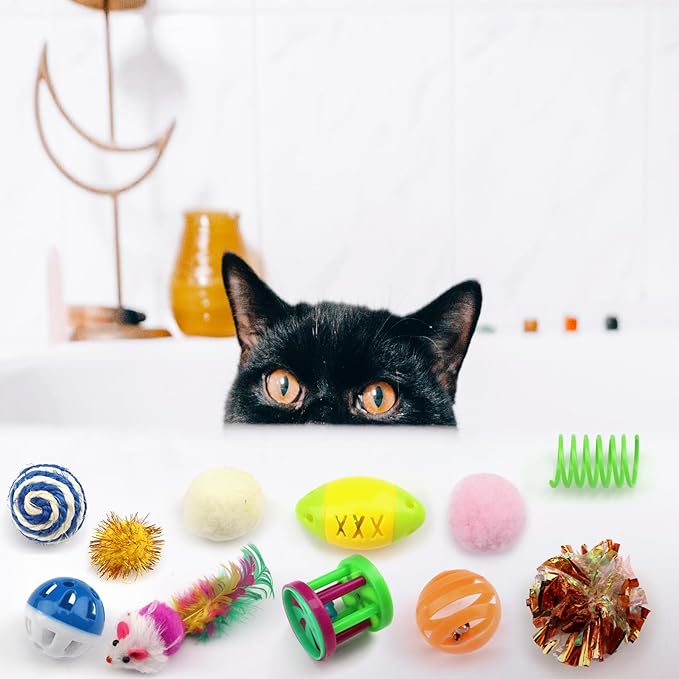 QUOZUO 32 Packs Cat Toys Variety Pack for cat, Cat Balls with Bells, Cat Feather Toy, Cat Mouse Toys, Cat Crinkle Balls, Catnip Toys for Indoor Cats Kittens, Kitten Toys Assortments