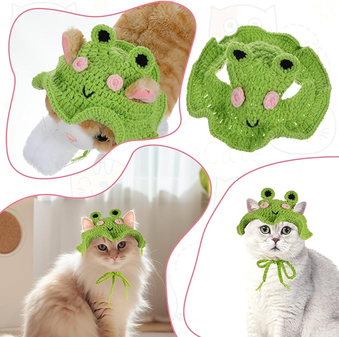 Piriuuo Frog Cat Hat, Cotton & Soft Cute Knitted Cat Hat Birthday Party Christmas Puppy Hats for Small Pets (Green, M)