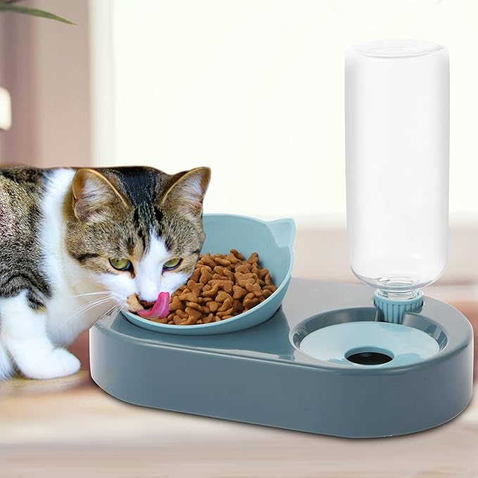 Cat Bowl, Feeding & Watering Supplies for Cats, Cat Food Bowls with 0-15°Adjustable Tilted, Gravity Water,Pet Food Bowl for Cats and Small Dogs, Blue