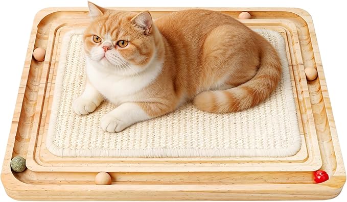 Cat Scratching Pad with Ball Track Toy Interactive Cat Scratcher Board with Rolling Balls Natural Wood Sisal Cat Scratch Pad for Indoor Cats