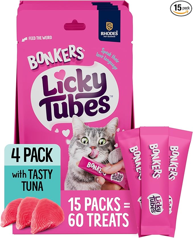 Bonkers Licky Tubes Tuna Flavored Wet Lickable Treats for Cats, 4 Pack (Pack of 15)