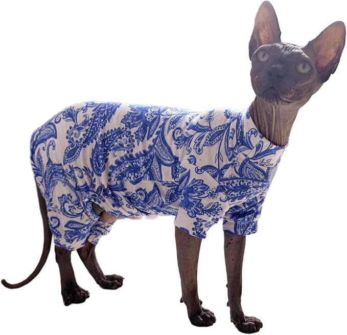Sphynx Cat Four Leg Cotton Pajamas Elastic Pet Clothes for Hairless Cats Surgery Recovery Suit Undershirt Thermal Clothes for Sphynx, Devon, Cornish (Blue Porcelain, L)