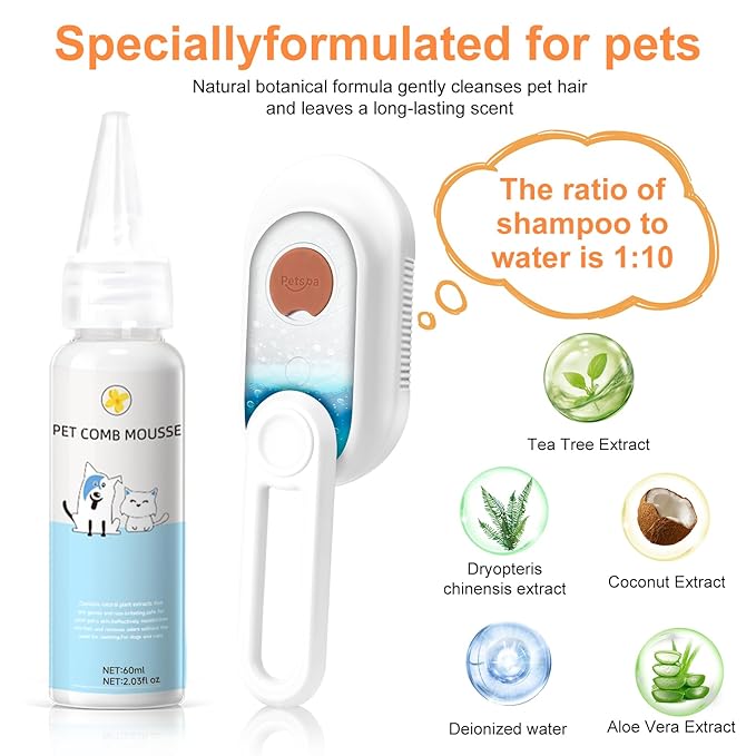 Steam Brush for Cat & Dog – 3-in-1 Spritz Pet Spray Hair Removal Comb for Grooming & Shedding Steam – Water Brush for Long & Short Haired Pets– Includes Two Bottles Waterless 2*Shampoo