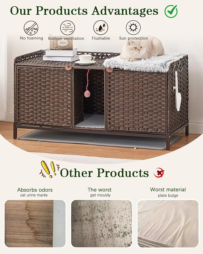SETVSON Cat Litter Box Enclosure for 2 Cats, Hidden Litter Box Furniture with Mat, Large Rattan Cat House with Double Room and Door, 47.3 L x 19.7 W x 24 H, 2 S-Shaped Hooks for Living Room Brown