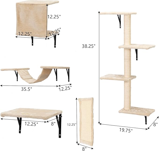 Cat Hammock Wooden Wall-Mounted Shelves Cat Climber Set of 5, Floating Cat Perches, Hanging Cat Beds for Sleeping, Playing, Climbing-Modern Cat Bed & Furniture for Large Cats/Kitty, Beige