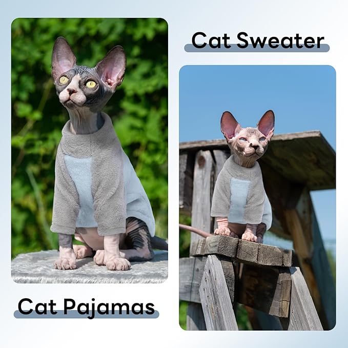 T'CHAQUE Sphynx Cat Clothes, Soft Fleece Cat Sweaters for Cats Only, Sphynx Hairless Cats, Cat Pajamas with Sleeves, Kitten Hairless Cat Winter Clothes, Winter Warm Cat Outfit Onesie Jumpsuit Hoodie