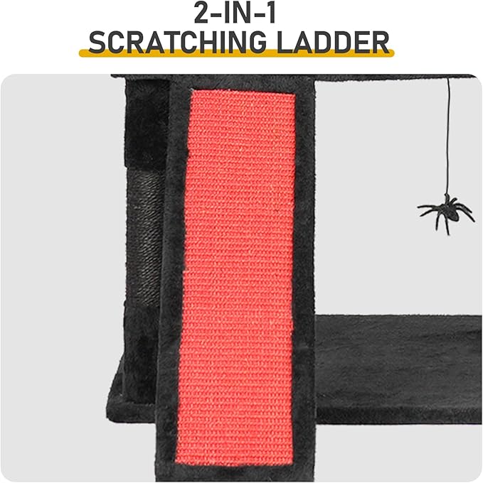 53" Gothic Cat Tree with Coffin Bed, Large Cat Tower with Spacious Cat Condo, Scratching Posts, Spider Hanging Toys, Scratching Board, Multi-Level Cat Activities Furniture for Large Cats, Red & Black