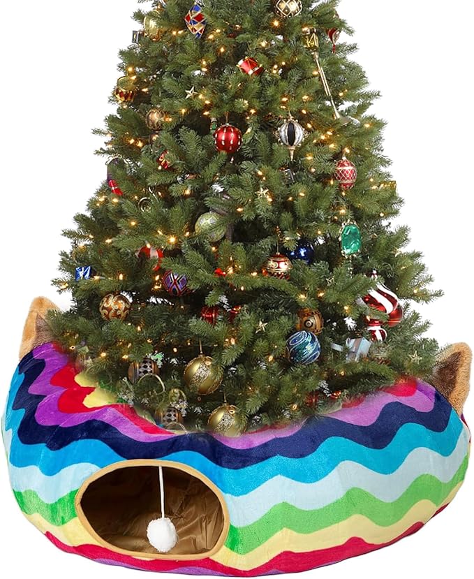 Large Cat Tunnel Bed Under Christmas Tree with Fluffy Toy Balls, Small Cushion and Flexible Design- 10 inch Diameter, 3 ft Length- Great for Cats, and Small Dogs, Rainbow Wave Color