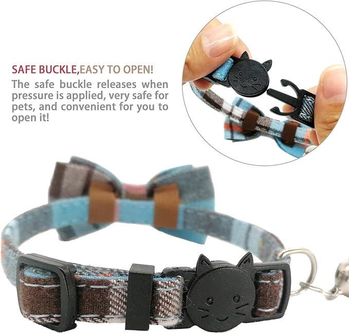 2 Pack/Set Cat Collar Breakaway with Cute Bow Tie and Bell for Kitty and Some Puppies, Adjustable from 7.8-10.5 Inch (Cyan-Blue+Blue-Gray, Plaid)