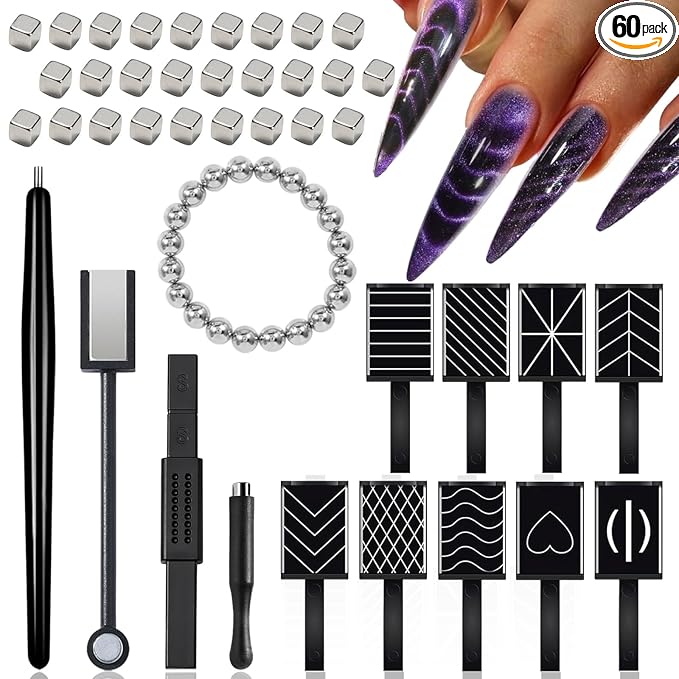 WOKOTO 60 PCS Cat Eye Magnet For Nails Multiple Style Nail Magnets For Nail Art Designs Magnets Beads Blocks Cat Eye Gel Nail Polish Magnets Nail Art Tools Pre-Design Nail Art Cat Eye Magnets