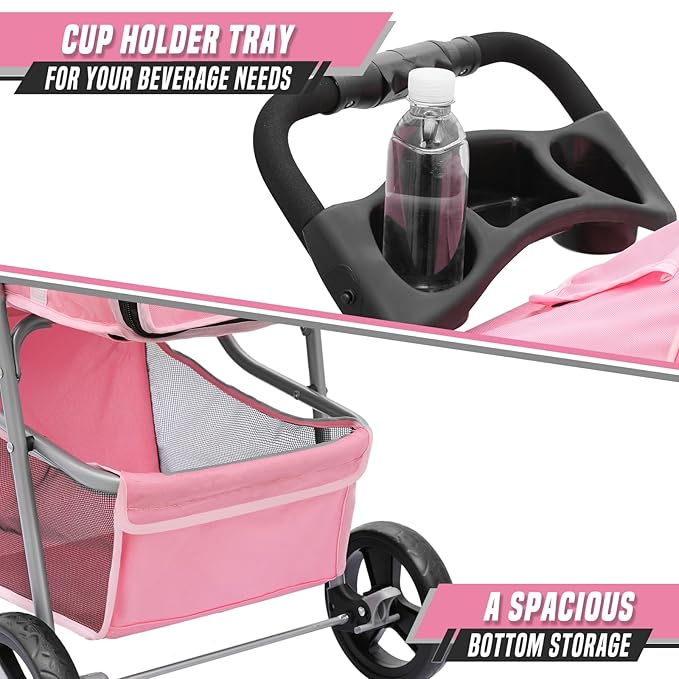 Cat Dog Stroller, 3-Wheels for Medium/Puppy Dogs 30 Lbs, Foldable Pets Stroller with Storage Basket and Cup Holder, Breathable Mesh Pink
