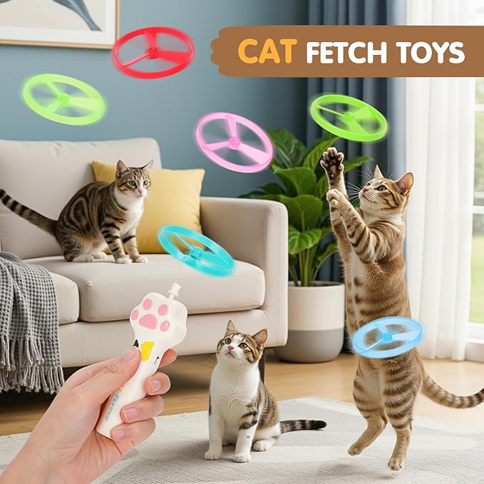 Cat Fetch Toy, Rechargeable Flying Disc Launcher with 6 Flying Discs, Cat Interactive Hunting Toys for Outdoor & Indoor (White)