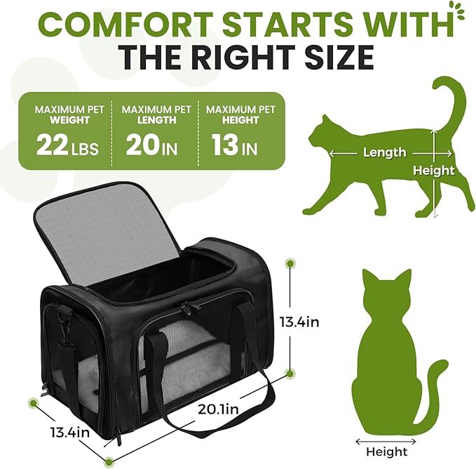 Soft-Sided Cat Carrier Expandable Pet Carrier Airline Approved Mesh Travel Carrier Up to 22lbs for Cats Small Dogs Collapsible Escape-Proof with Shoulder Strap (20x13x13 Black)