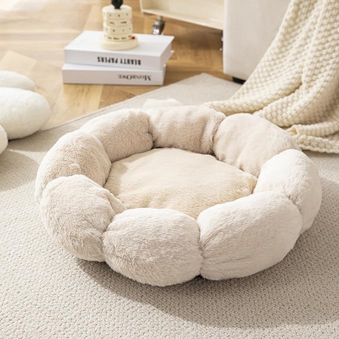 Plush Cat Beds for Indoor,Flower Shape Soft Pet Bed with Anti Slip Bottom,Donut 360 Degree Support Dog Bed for Bedroom Living Room (Beige)