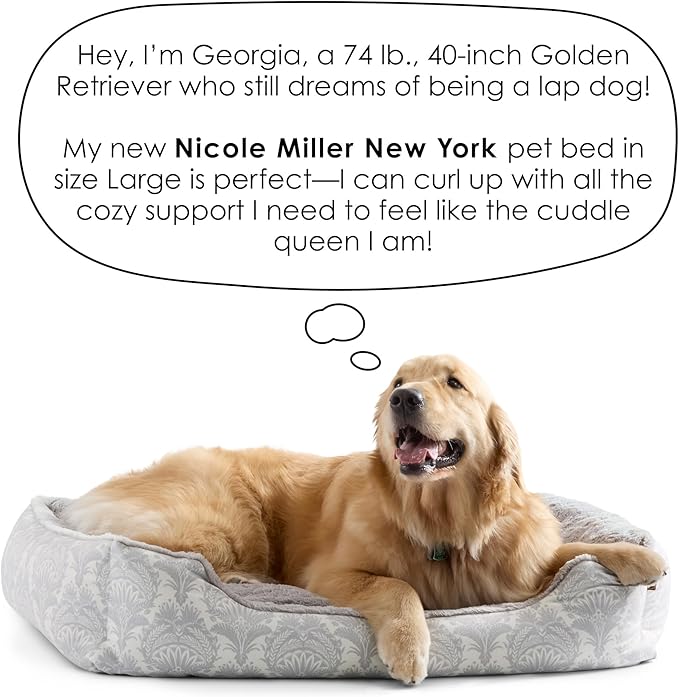 Nicole Miller NEW YORK PET Mod Damask Plushy Bolster Pet Bed, Cozy & Calming, Non-Slip Bottom, Machine Washable Cover, Grey, Large 35"x28"x8"