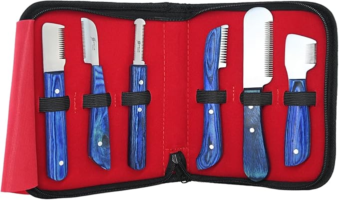 Dog Grooming Stripping Knife Set – 6-Piece Stainless Steel Hand Stripping Tools with Wooden Handles – Coarse, Medium, Fine & Extra-Fine Knives for Dogs, Cats & Wire-Coated Pets (Blue)