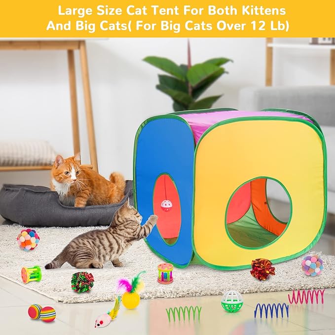 Retro Shaw Cat Toys Pack 33Pcs, Interactive Kitten Toys for Indoor Kittens Cats, Collapsible Kitty Play Tunnel Tent Feather Wand Balls Bell Springs Mouse Kitty Toys for All Breeds (Large Tunnel)